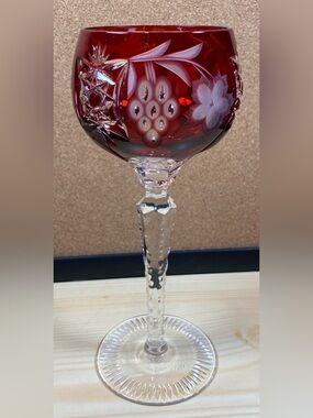 AJKA Marsala Crystal Cut To Clear Glass Goblet Wine Hock Ruby Red 8.25” Flower
